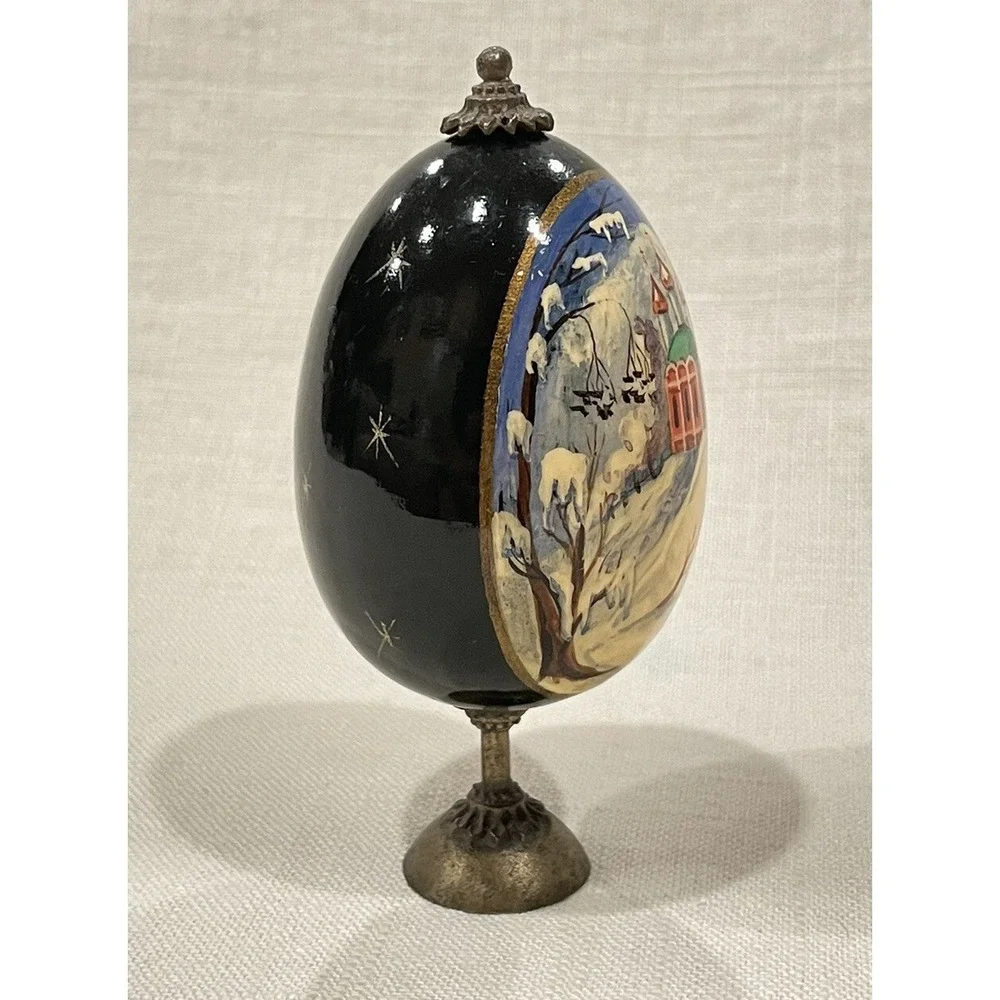 Vintage Russian Hand Painted Lacquer Egg Winter Orthodox Church‎ Signed Usov